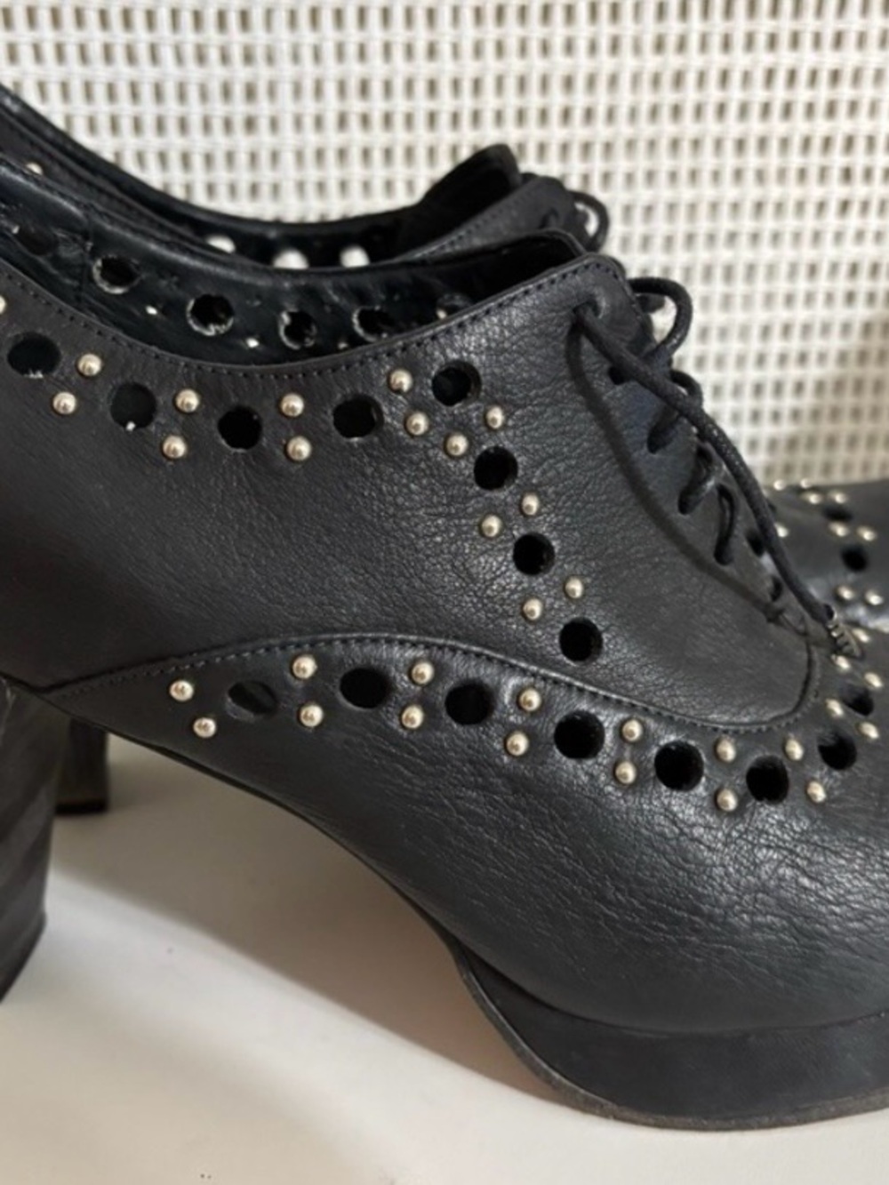 Calleen Cordero Black Studded Leather Lace-Up Oxfords with High Heels - Near New